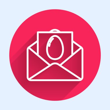 Uzun gölgeli Mutlu Paskalya ikonu içeren beyaz çizgi tebrik kartı. Kutlama için davetiye ya da tebrik kartı şablonu. Kırmızı daire düğmesi. Vektör İllüstrasyonu