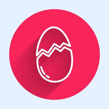 Kırık yumurta ikonu, uzun gölgeli, beyaz çizgi. Mutlu Paskalyalar. Kırmızı daire düğmesi. Vektör İllüstrasyonu