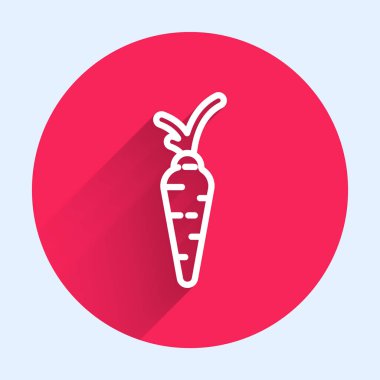 Beyaz çizgi havuç ikonu uzun gölgeli izole edilmiş. Mutlu Paskalyalar. Kırmızı daire düğmesi. Vektör İllüstrasyonu