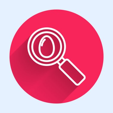 Beyaz çizgi arama ve paskalya yumurtası ikonu uzun gölgeli izole edilmiş. Mutlu Paskalyalar. Kırmızı daire düğmesi. Vektör İllüstrasyonu