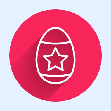 Beyaz çizgili Paskalya yumurtası ikonu uzun gölgeli. Mutlu Paskalyalar. Kırmızı daire düğmesi. Vektör İllüstrasyonu