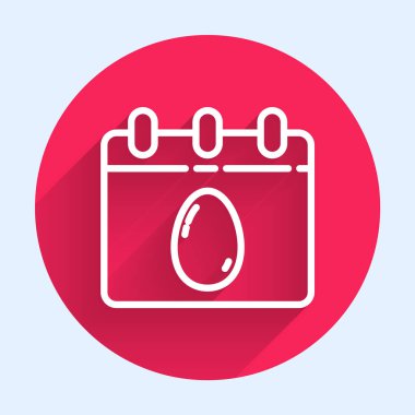 Paskalya yumurtası ikonu uzun gölgeli beyaz çizgili takvim. İlkbahar Hristiyan bayramı sembolü. Kırmızı daire düğmesi. Vektör İllüstrasyonu