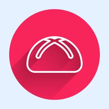 Beyaz çizgili Paskalya pastası ikonu uzun gölgeli. Mutlu Paskalyalar. Kırmızı daire düğmesi. Vektör İllüstrasyonu