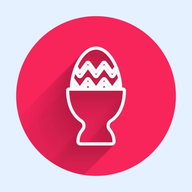 Beyaz çizgili Paskalya yumurtası uzun gölgeli izole edilmiş bir simge üzerinde. Mutlu Paskalyalar. Kırmızı daire düğmesi. Vektör İllüstrasyonu