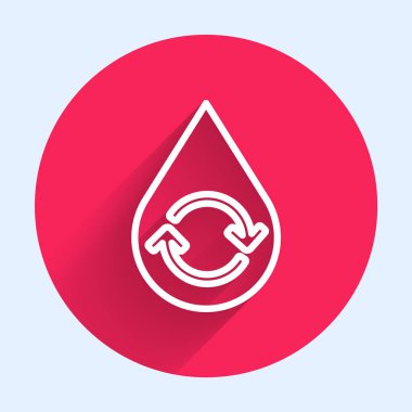 Beyaz çizgi, uzun gölgeli temiz su ikonunu geri dönüştür. İşaret geri dönüşümlü bir damla su. Kırmızı daire düğmesi. Vektör İllüstrasyonu