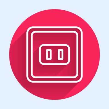 Beyaz çizgi elektrik çıkış simgesi uzun gölgeli izole edilmiş. Elektrik prizi. Rosette sembolü. Kırmızı daire düğmesi. Vektör İllüstrasyonu