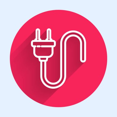 Beyaz çizgi elektrik dolgu simgesi uzun gölgeli izole edilmiş. Bağlantı kavramı ve elektriğin kesilmesi. Kırmızı daire düğmesi. Vektör İllüstrasyonu