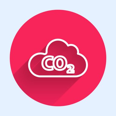 Bulut simgesindeki beyaz çizgi CO2 emisyonları uzun gölgeli izole edilmiş. Karbondioksit formülü, duman kirliliği konsepti, çevre konsepti. Kırmızı daire düğmesi. Vektör İllüstrasyonu