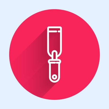 Beyaz çizgi Rasp metal dosya simgesi uzun gölgeli izole edildi. Ahşap ve metalle çalışmak için Rasp. Tezgah ve atölye için alet. Kırmızı daire düğmesi. Vektör İllüstrasyonu