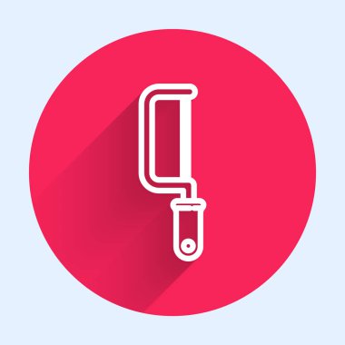 Demir Testere simgesi uzun gölgeli beyaz çizgi. Tahta ve metal testeresi. Kırmızı daire düğmesi. Vektör İllüstrasyonu