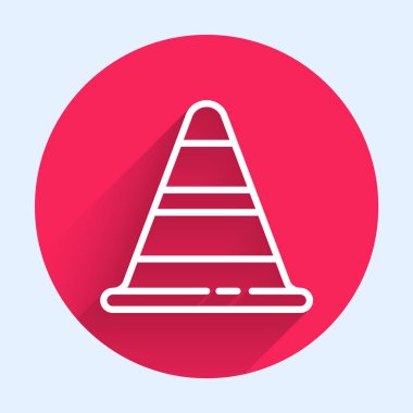 Beyaz çizgi trafik konisi simgesi uzun gölgeli izole edildi. Kırmızı daire düğmesi. Vektör İllüstrasyonu