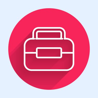 Beyaz çizgi Araç Kutusu simgesi uzun gölgeli izole edildi. Alet kutusu tabelası. Kırmızı daire düğmesi. Vektör İllüstrasyonu