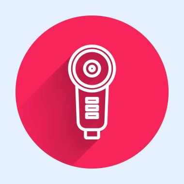 Beyaz çizgi açılı öğütücü simgesi uzun gölgeli izole edilmiş. Kırmızı daire düğmesi. Vektör İllüstrasyonu