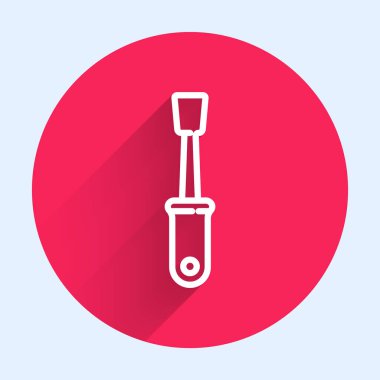 Beyaz çizgi tornavida simgesi uzun gölgeli izole edildi. Servis aracı sembolü. Kırmızı daire düğmesi. Vektör İllüstrasyonu