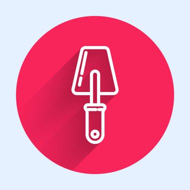 Beyaz çizgi Trowel ikonu uzun gölgeli izole edilmiş. Kırmızı daire düğmesi. Vektör İllüstrasyonu