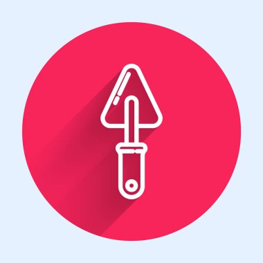 Beyaz çizgi Trowel ikonu uzun gölgeli izole edilmiş. Kırmızı daire düğmesi. Vektör İllüstrasyonu