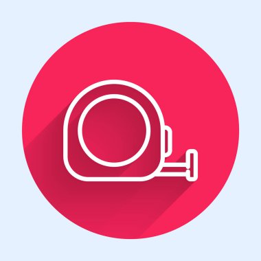 Beyaz çizgi rulet yapım ikonu uzun gölgeli izole edilmiş. Mezura ölçüm sembolü. Kırmızı daire düğmesi. Vektör İllüstrasyonu