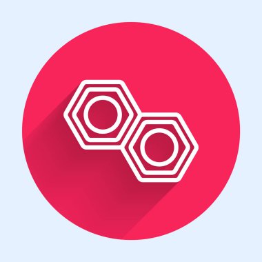 Uzun gölgeli beyaz çizgi altıgen metal fındık ikonu. Kırmızı daire düğmesi. Vektör İllüstrasyonu