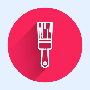 Beyaz çizgi boya fırçası ikonu uzun gölgeli izole edilmiş. Kırmızı daire düğmesi. Vektör İllüstrasyonu