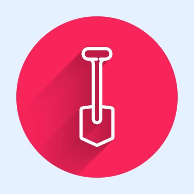 Beyaz çizgi kürek ikonu uzun gölgeli izole edilmiş. Bahçe aletleri. Bahçecilik, tarım, çiftçilik aleti. Kırmızı daire düğmesi. Vektör İllüstrasyonu