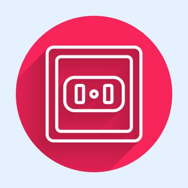 Beyaz çizgi elektrik çıkış simgesi uzun gölgeli izole edilmiş. Elektrik prizi. Rosette sembolü. Kırmızı daire düğmesi. Vektör İllüstrasyonu