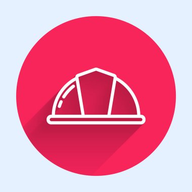 Beyaz çizgi İşçi Kaskı simgesi uzun gölgeli izole edilmiş. Kırmızı daire düğmesi. Vektör İllüstrasyonu