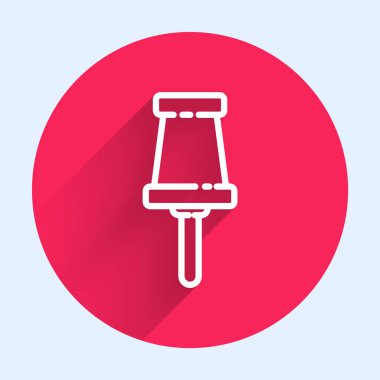 Beyaz çizgi Push iğne simgesi uzun gölgeli izole. Raptiye işareti. Kırmızı daire düğmesi. Vektör İllüstrasyonu