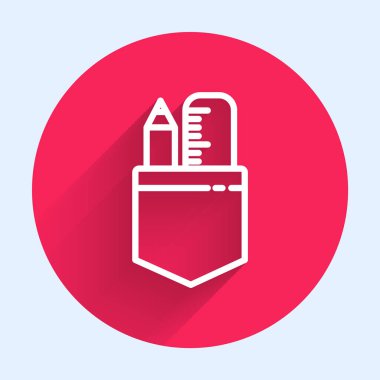 Beyaz çizgi, cetvel ve kalem simgesini uzun gölgeli olarak izole etti. Düz sembol. Çizim ve eğitim araçları. Kırmızı daire düğmesi. Vektör İllüstrasyonu