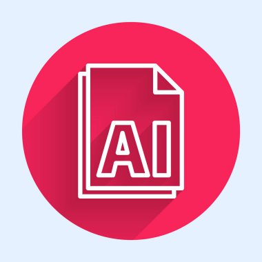 Beyaz çizgi AI dosya belgesi. Uzun gölgeyle izole edilmiş ai düğmesi simgesi indir. Yapay zeka dosya sembolü. Kırmızı daire düğmesi. Vektör İllüstrasyonu