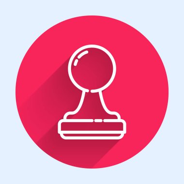 Beyaz çizgi damga simgesi uzun gölgeli izole edilmiş. Kırmızı daire düğmesi. Vektör İllüstrasyonu