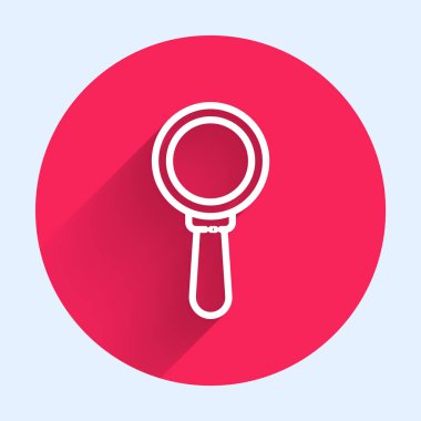 Beyaz çizgi büyüteç ikonu uzun gölgeli izole edilmiş. Arama, odaklanma, yakınlaştırma, iş sembolü. Kırmızı daire düğmesi. Vektör İllüstrasyonu