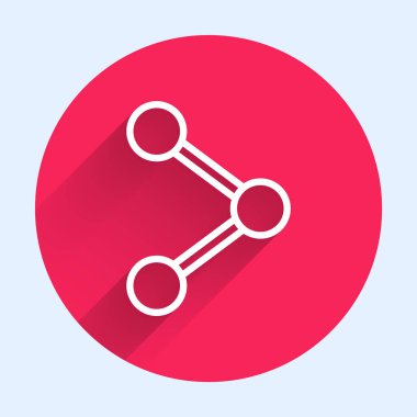 Beyaz çizgi Paylaşım simgesi uzun gölgeyle izole edildi. Paylaş, paylaş, iletişim piktogramı, sosyal medya, bağlantı, ağ. Kırmızı daire düğmesi. Vektör İllüstrasyonu