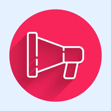 Uzun gölgeli beyaz çizgi megafon simgesi. Sözcü işareti. Kırmızı daire düğmesi. Vektör İllüstrasyonu