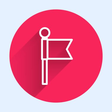 Beyaz çizgi bayrak simgesi uzun gölgeli izole edildi. Yer belirleyici sembol. Kırmızı daire düğmesi. Vektör İllüstrasyonu