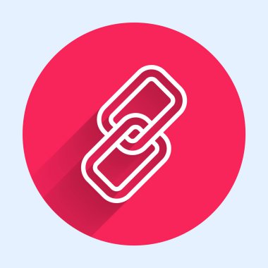 Beyaz çizgi zincir bağlantısı simgesi uzun gölgede izole edildi. Bağlantı bekar. Kırmızı daire düğmesi. Vektör İllüstrasyonu