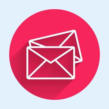Beyaz çizgi Zarf simgesi uzun gölgeli izole edilmiş. E- posta mektup sembolü. Kırmızı daire düğmesi. Vektör İllüstrasyonu