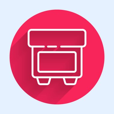 Elektrik koruma bileşeni simgesinin beyaz çizgi fünyesi uzun gölgeli izole edilmiş. Eriyen koruyucu fitil. Kırmızı daire düğmesi. Vektör İllüstrasyonu