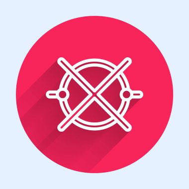 Beyaz çizgi elektrik devre şeması ikonu uzun gölgeli izole edildi. Devre kartı. Kırmızı daire düğmesi. Vektör İllüstrasyonu