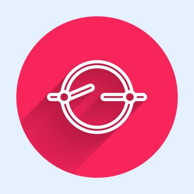 Beyaz çizgi elektrik devre şeması ikonu uzun gölgeli izole edildi. Devre kartı. Kırmızı daire düğmesi. Vektör İllüstrasyonu