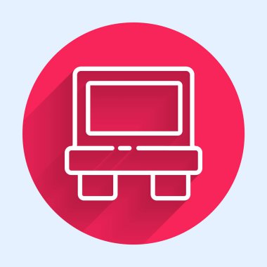 Elektrik koruma bileşeni simgesinin beyaz çizgi fünyesi uzun gölgeli izole edilmiş. Eriyen koruyucu fitil. Kırmızı daire düğmesi. Vektör İllüstrasyonu