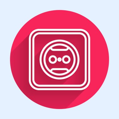 Beyaz çizgi elektrik çıkış simgesi uzun gölgeli izole edilmiş. Elektrik prizi. Rosette sembolü. Kırmızı daire düğmesi. Vektör İllüstrasyonu