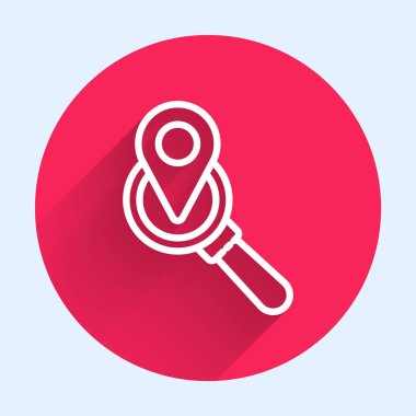 Beyaz çizgi arama konumu simgesi uzun gölgeli izole edildi. İşaretli büyüteç. Kırmızı daire düğmesi. Vektör İllüstrasyonu