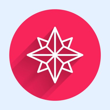 Beyaz çizgi rüzgar gül ikonu uzun gölgeli izole. Seyahat için pusula simgesi. Navigasyon tasarımı. Kırmızı daire düğmesi. Vektör İllüstrasyonu