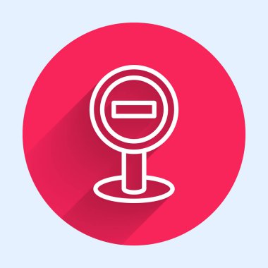 Beyaz çizgi dur işareti simgesi uzun gölgeyle izole edildi. Trafik yönetmeliklerine göre dur işareti. Kırmızı daire düğmesi. Vektör İllüstrasyonu