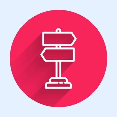 Beyaz çizgi trafik levhası. İşaret direği simgesi uzun gölgeyle izole edildi. İşaretçi sembolü. İzole sokak bilgi levhası. Yön tabelası. Kırmızı daire düğmesi. Vektör İllüstrasyonu