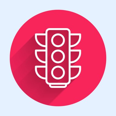 Beyaz çizgi trafik ışığı ikonu uzun gölgeli izole edildi. Kırmızı daire düğmesi. Vektör İllüstrasyonu