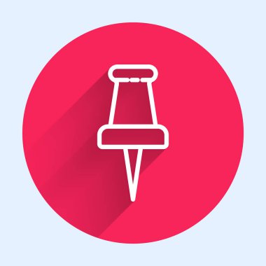 Beyaz çizgi Push iğne simgesi uzun gölgeli izole. Raptiye işareti. Kırmızı daire düğmesi. Vektör İllüstrasyonu