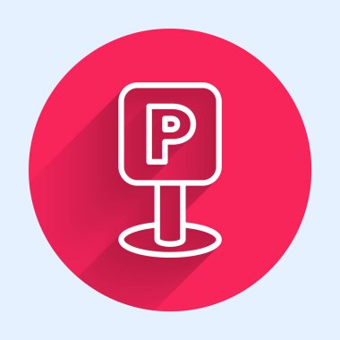 Beyaz çizgi park simgesi uzun gölgeyle izole edildi. Sokak tabelası. Kırmızı daire düğmesi. Vektör İllüstrasyonu