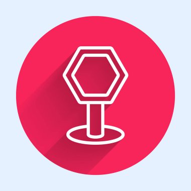 Beyaz çizgi trafik levhası. İşaret direği simgesi uzun gölgeyle izole edildi. İşaretçi sembolü. İzole sokak bilgi levhası. Yön tabelası. Kırmızı daire düğmesi. Vektör İllüstrasyonu