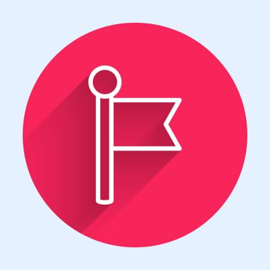 Beyaz çizgi bayrak simgesi uzun gölgeli izole edildi. Yer belirleyici sembol. Kırmızı daire düğmesi. Vektör İllüstrasyonu